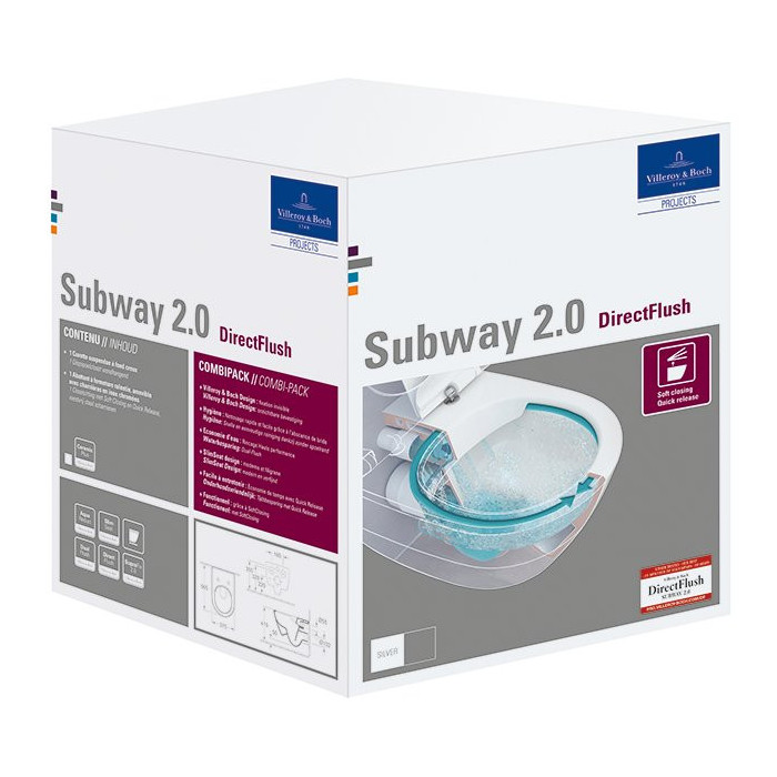 Pakabināms tualets VILLEROY & BOCH Subway 2.0 Direct Flush WC ar SlimSeat vāku no Star White Ceramic Plus pārklājuma, White Alps