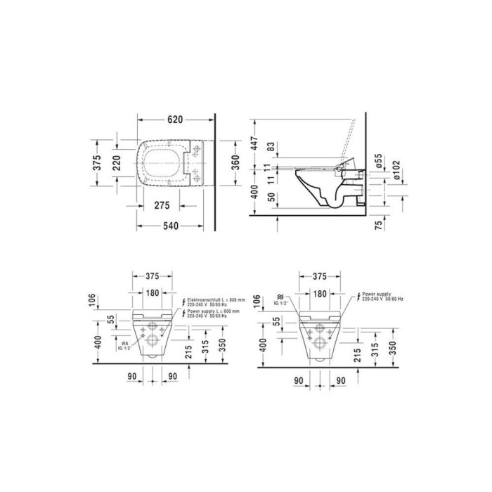 Подвесной унитаз с функцией биде DURAVIT WC DuraStyle Rimless SensoWash, Durafix, с крышкой Slim SC, белый