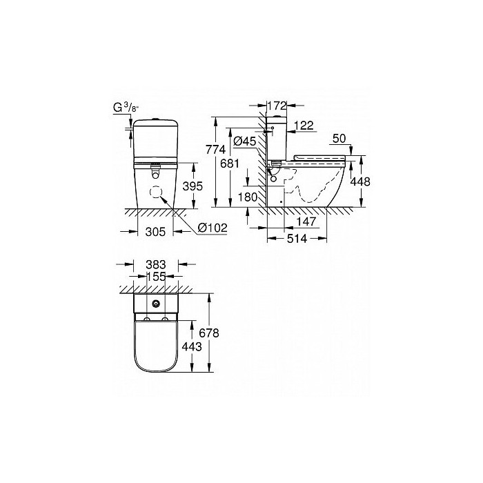 Uzstādāms tualetes pods GROHE Euro Ceramic Rimless (Triple Vortex) ar mīksto aizvēršanas vāku, apakšējā pieslēgšana