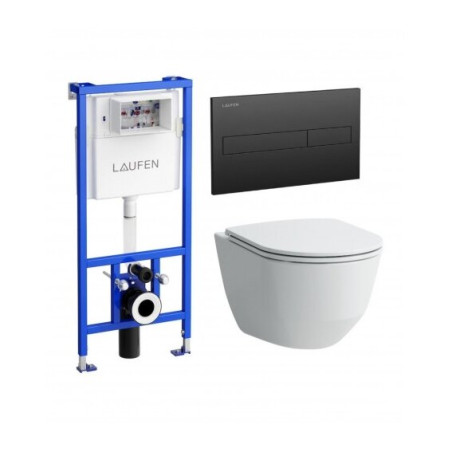 Potinkinis tualeta rāmja LAUFEN 4 in 1, melns-matēts + piekārtais tualets LAUFEN Pro Rimless ar SLIM Slowclose vāku