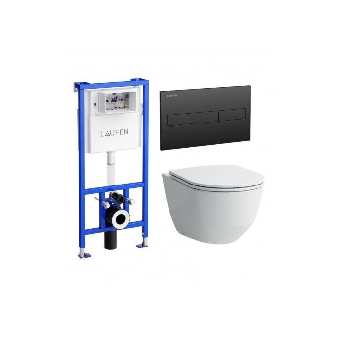 Potinkinis tualeta rāmja LAUFEN 4 in 1, melns-matēts + piekārtais tualets LAUFEN Pro Rimless ar SLIM Slowclose vāku