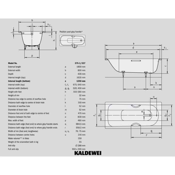 Plastmasas vanna KALDEWEI Saniform Plus 800 x 1800 mm, balta