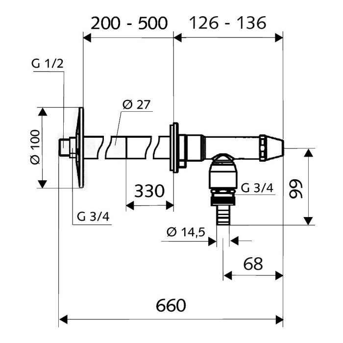 Neaizsalsto āra krāns SCHELL Polar II komplekts 200 / 500 mm biezām sienām