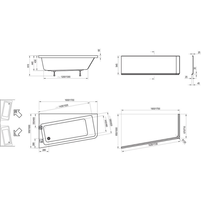 Acrylic asymmetrical bathtub RAVAK 10°