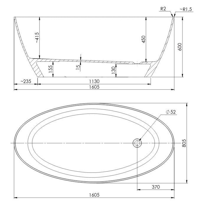 Used stone bathtub OMNIRES Marble+ Siena 1610 x 81 cm
