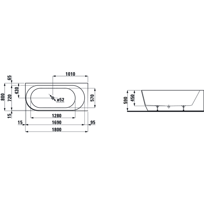 Rectangular bathtub LAUFEN Pro 1800 x 800 mm (right), H2449550000001