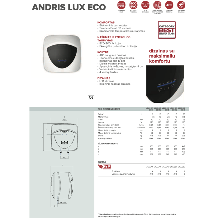 Elektriskais ūdens sildītājs ARISTON Andris Lux Eco 10/5, virs izlietnes