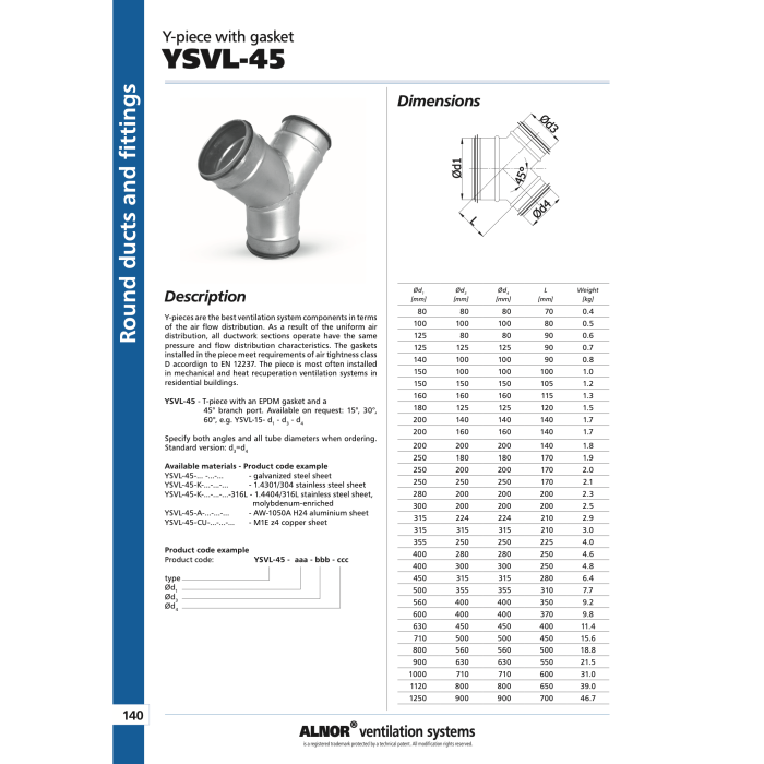 Ventilācijas trišakis Y formas ALNOR 100 / 45°