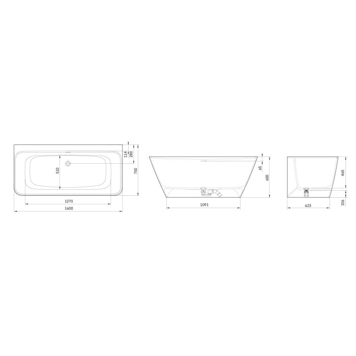Stone composite bath PAA Quadro Wall, 750 x 1600 mm, VAQUA/00