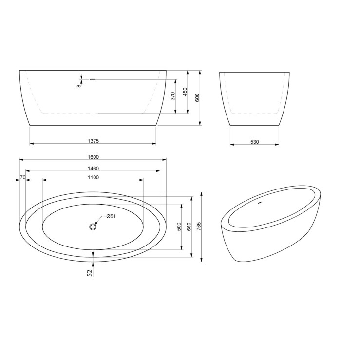 Acrylic bathtub PAA Arietta, white, 765 x 1600 mm