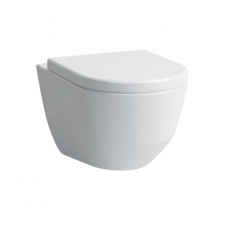 Laufen Pro Rimless wall-mounted toilet with a thick Slowclose seat.