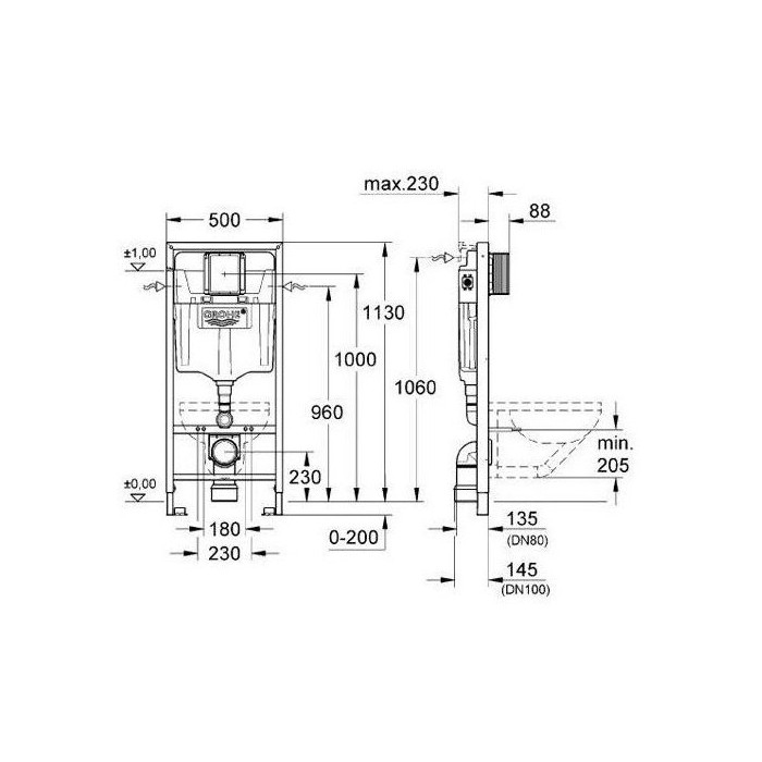 Built-in GROHE Rapid SL frame with a chrome button and DEANTE Peonia Rimless toilet