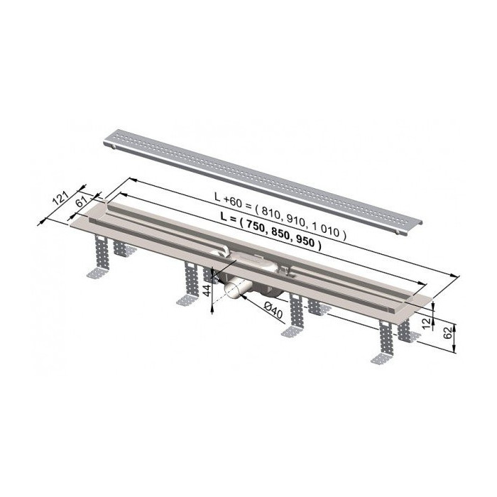 Plastic shower channel kit with stainless steel grates ALCADRAIN APZ9 Simple (Various length options)