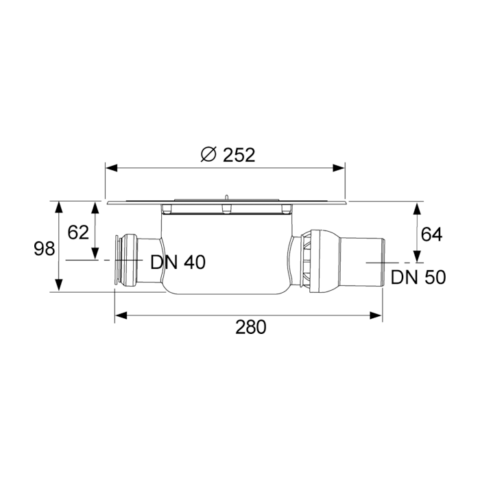 Horizontal trap TECEdrainpoint S 112 with "dry" siphon, with standard siphon, with "sealing system" universal flange
