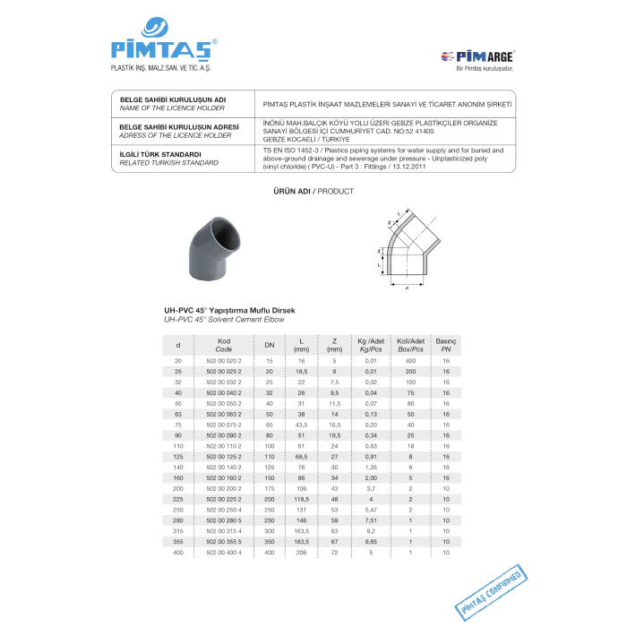 Elkoņa PVC-U PİMTAS 75 x 45° (PN16)