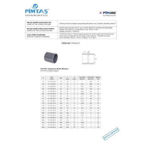 Divkārša caurule PVC-U PİMTAŞ 90 (PN16)