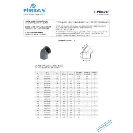Elkoņa PVC-U PİMTAŞ 160 x 45° (PN16)