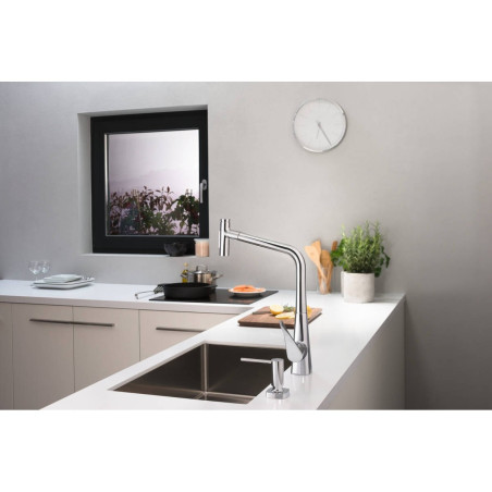 Кухонный смеситель с выдвижным изливом HANSGROHE Metris Select M71, хром, двухструйный, 73816000