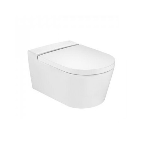 ROCA Inspira Rimless wall-mounted toilet with slow close seat.