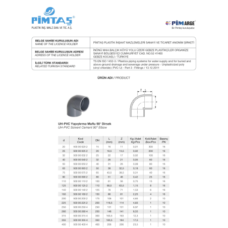Труба ПВХ-U PİMTAŞ 250 x 90° (PN10)