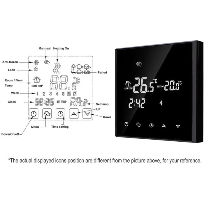 Iebūvēts telpas termostats ar dzesēšanas funkciju, melns