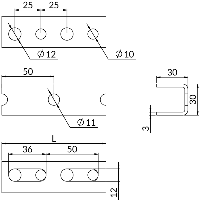 Perforated profile U-shaped NICZUK 30 x 30 mm / 3 mm, 2 meters long
