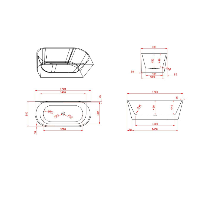 Acrylic bathtub MEPA Free Slim C, 170 x 80 cm