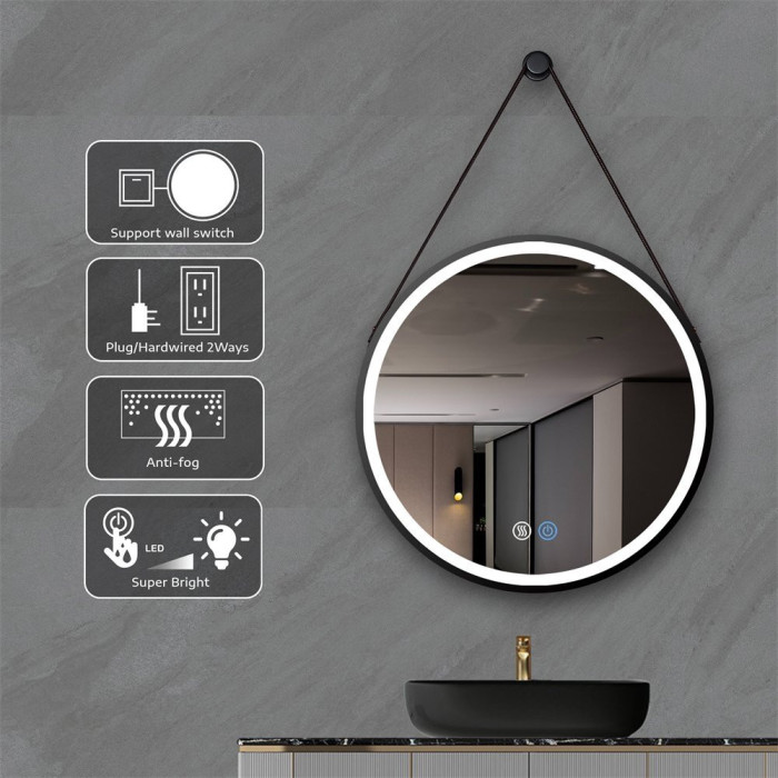Spogulis ornaments ir LED apgaismojums MEPA Round 60 x 60 cm, ar melnu matētu rāmīti