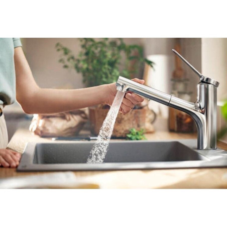 Virtuves (izlietnes) maisītājs ar izvelkamu šļūteni HANSGROHE Zesis M33, hromēts, 74800000