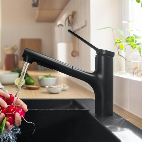 Смеситель для кухни (раковины) с выдвижным шлангом HANSGROHE Zesis M33, черный матовый, 74800670