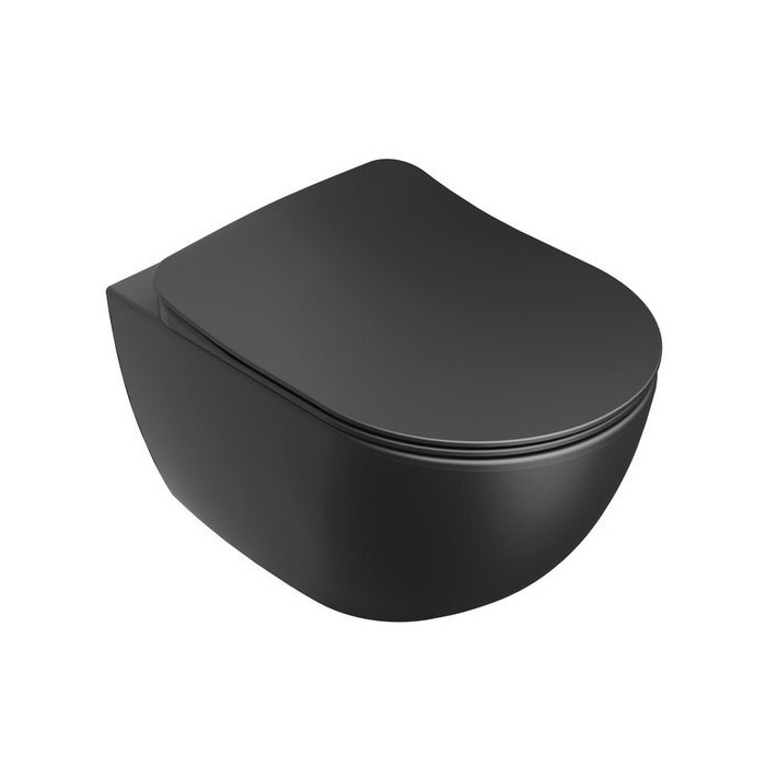 Pakabināms WC pods ar plānu slow close vāku RAVAK Uni Chrome RimOff, melns-matēts