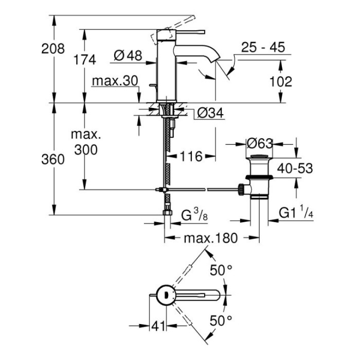 Izlietnes jaucējkrāns GROHE Essence S izmērs, 24172KF1