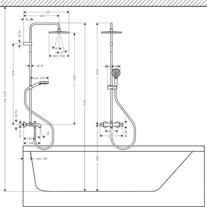 Термостатическая душевая система с изливом для ванны HANSGROHE Vernis Shape 240, 26900670