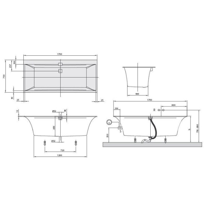 Taisnstūra vanna VILLEROY & BOSH Squaro Edge 12 Duo 750 x 1700 mm