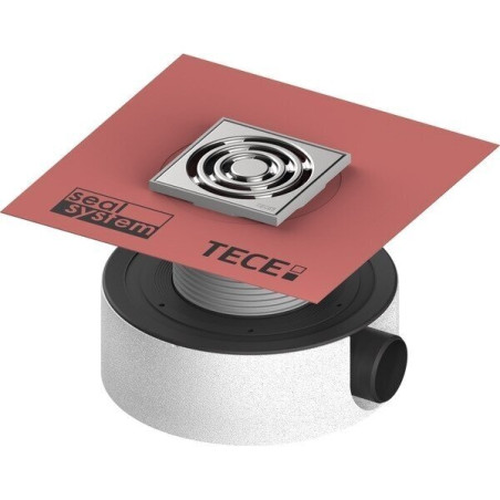 Horizontal trap TECEdrainpoint S 114 with a "dry" siphon, especially flat with factory-applied Seal System waterproofing.