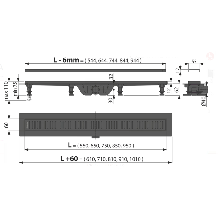 Plastic shower channel kit with black matte grates ALCADRAIN APZ10BL (Various length options)