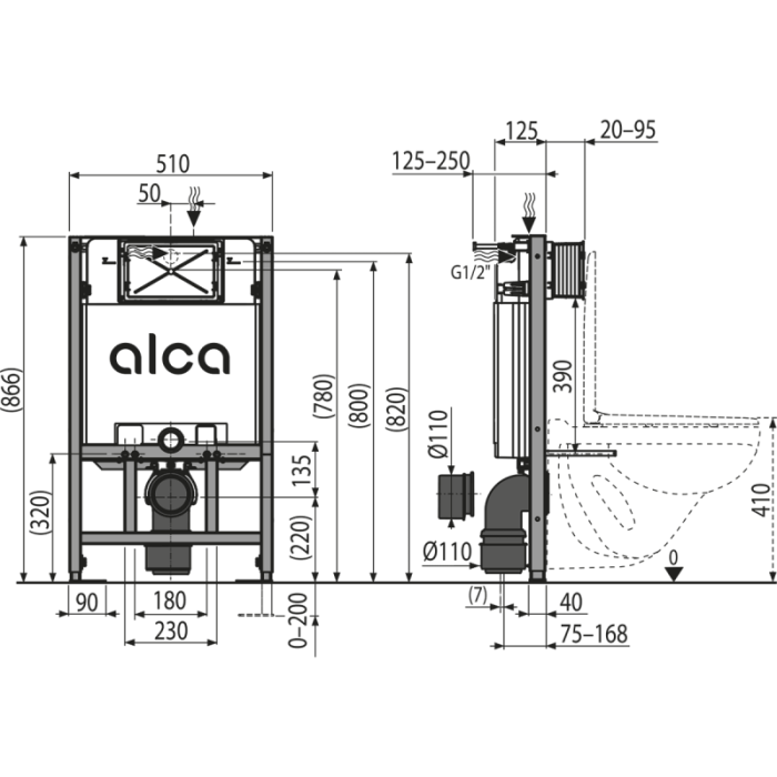Potinkamā WC rāmja komplekts ALCADRAIN (4 in 1) 85 cm augsts
