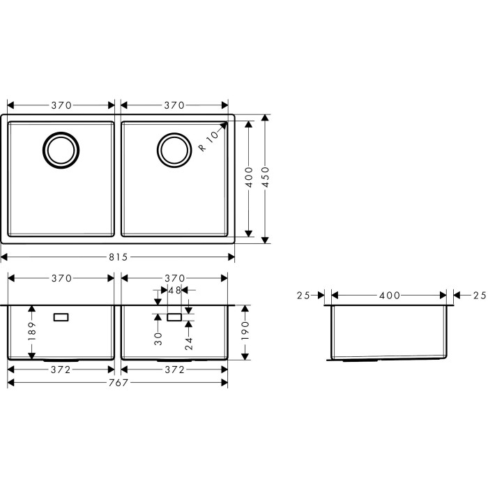 Нержавеющая сталь раковина HANSGROHE 815 x 450 мм, 43430800