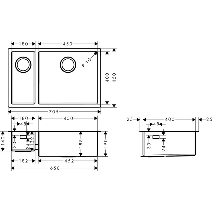 Нержавеющая сталь раковина HANSGROHE 705 x 450 мм, 43429800