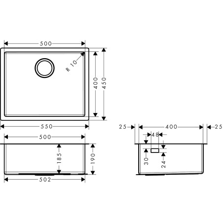 Нержавеющая сталь мойка HANSGROHE 550 x 500 мм, 43427800