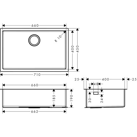 Nerūsējošā tērauda izlietne HANSGROHE 710 x 450 mm, 43428800