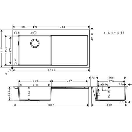 Нержавеющая сталь раковина HANSGROHE 1045 x 510 мм, правая, 43331800