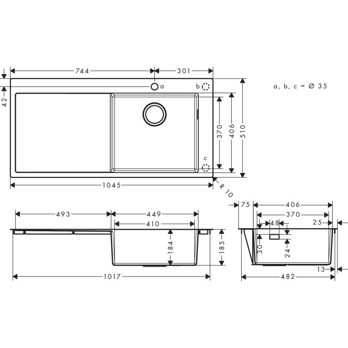 Нержавеющая стальная мойка HANSGROHE 1045 x 510 мм, левая, 43306800