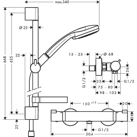 Termostatiskais dušas maisītājs ar 66,8 cm dušas stendu HANSGROHE Croma 100, 27034000