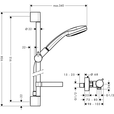 Termostatiskais dušas maisītājs ar 95,8 cm dušu stāv HANSGROHE Croma 100, 27035000
