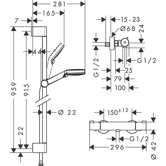 Thermostatic shower mixer with 95.9 cm shower stand HANSGROHE Crometta, 27813400