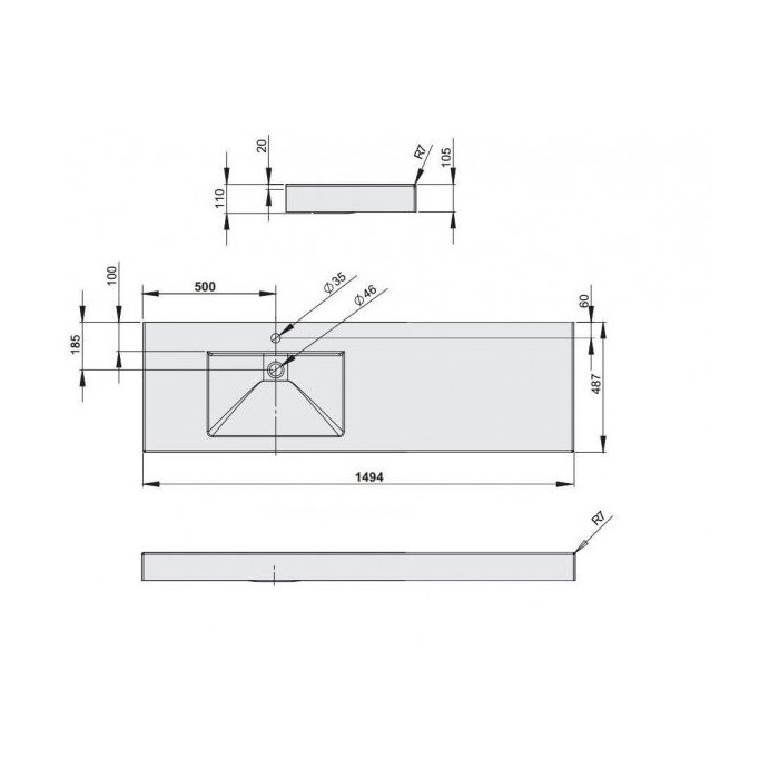 Умывальник из каменной массы PAA Long Step, 1500 x 490 мм, ILS1500/K/00