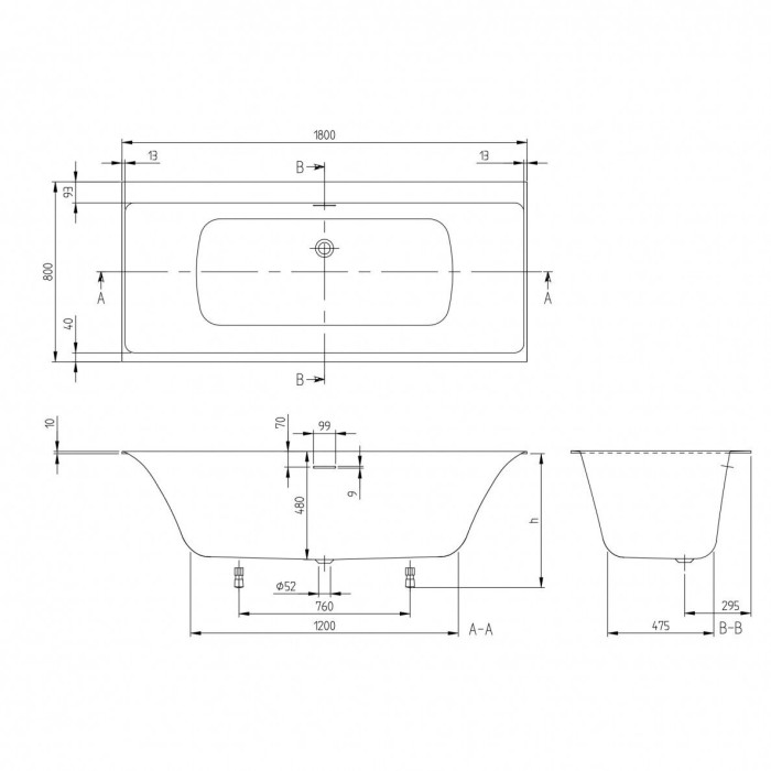 Taisnstūra vanna VILLEROY & BOSH Subway 3.0 Duo 800 x 1800 mm, UBQ180SBW2DV01