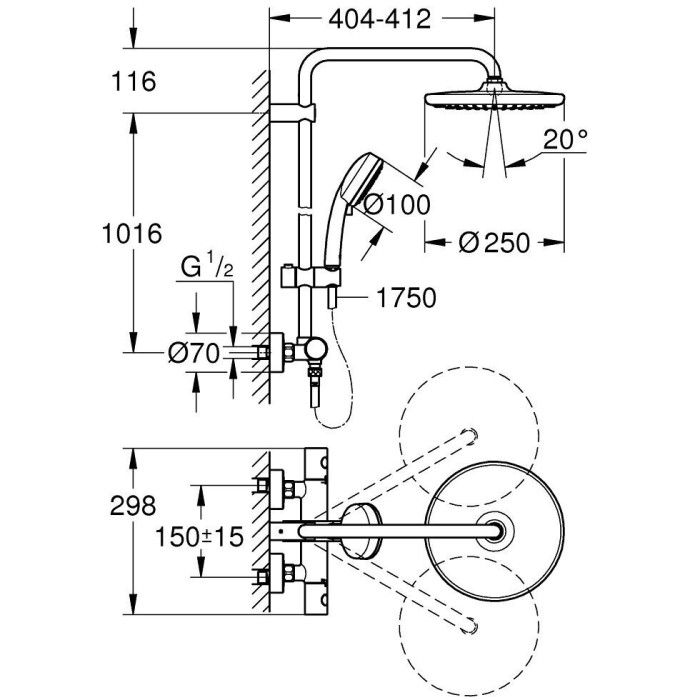 Virštiekšanas sistēmas dušu komplekti GROHE Tempesta Cosmopolitan 250, 26670000