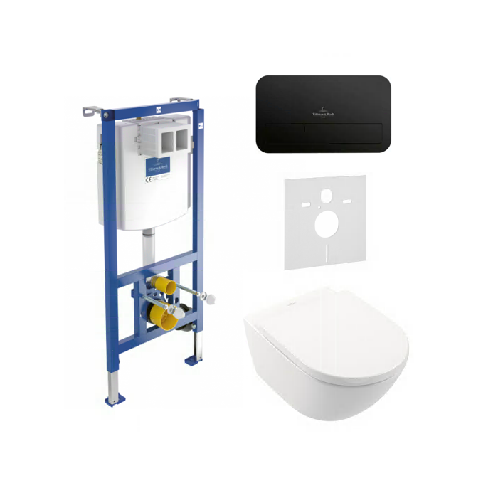 Potinkamā WC rāmja (4 in 1 Black) komplektā ir tualetes pods Villeroy & BOCH Subway 3.0 Twist flush ar lēni aizveramu vāku no ke